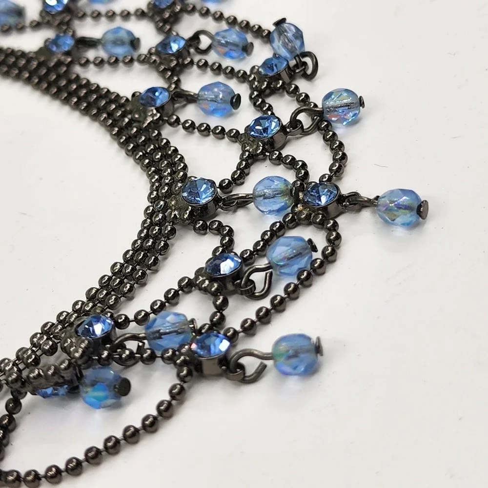 Kiam Family Blue Rhinestone Gunmetal Multi Strand Draped Statement Bib Necklace